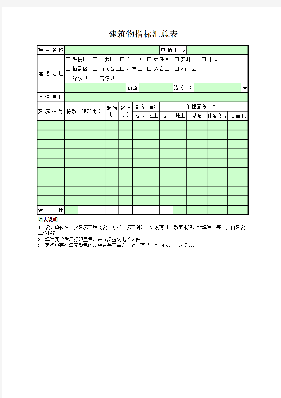 建筑物指标汇总表