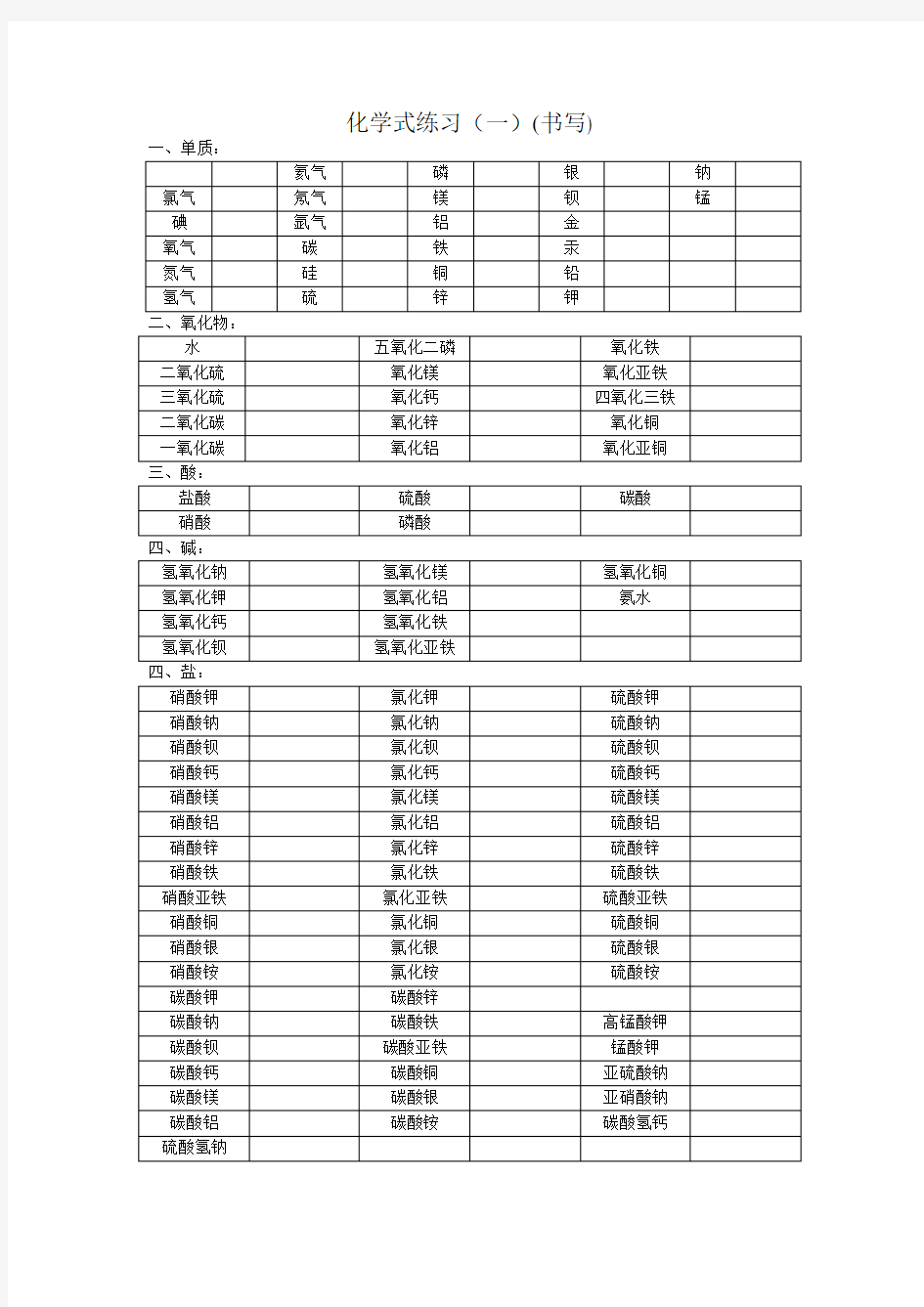 化学式书写练习