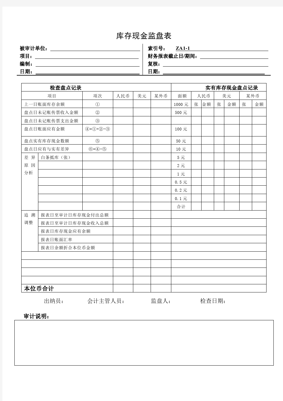 库存现金监盘表