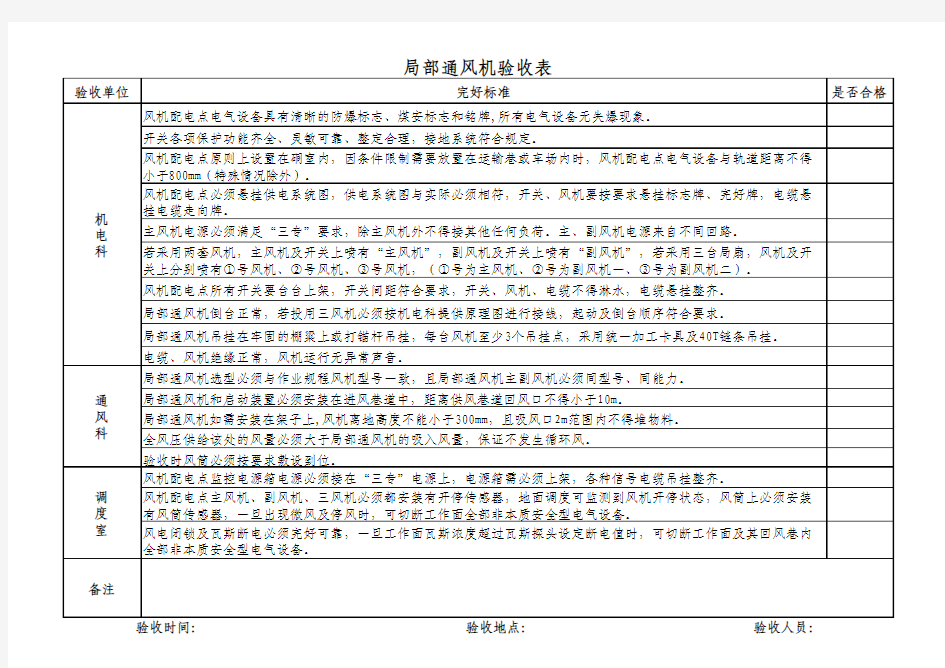 局部通风机验收表