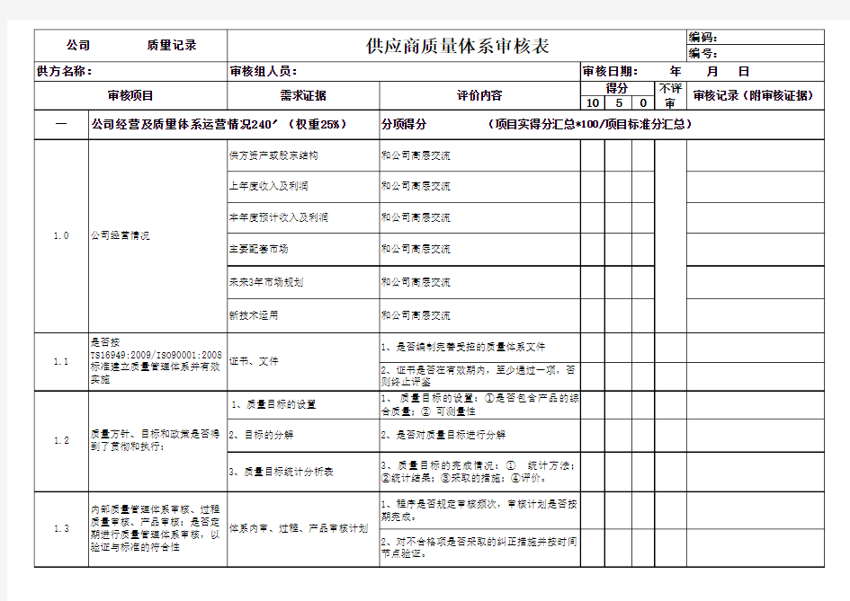 供应商质量体系审核表