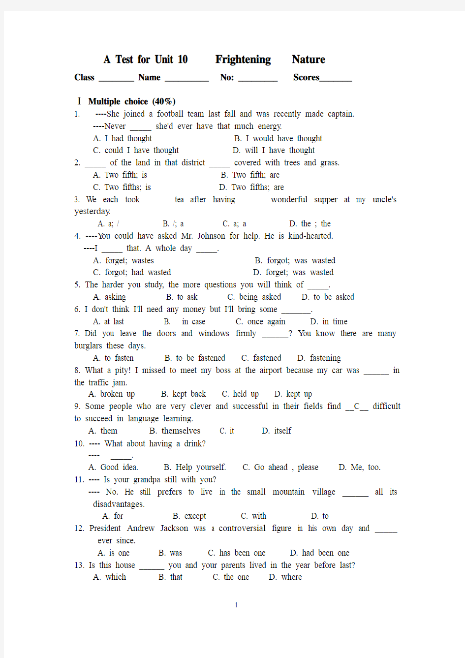 A Test for Unit 10    Frightening   Nature