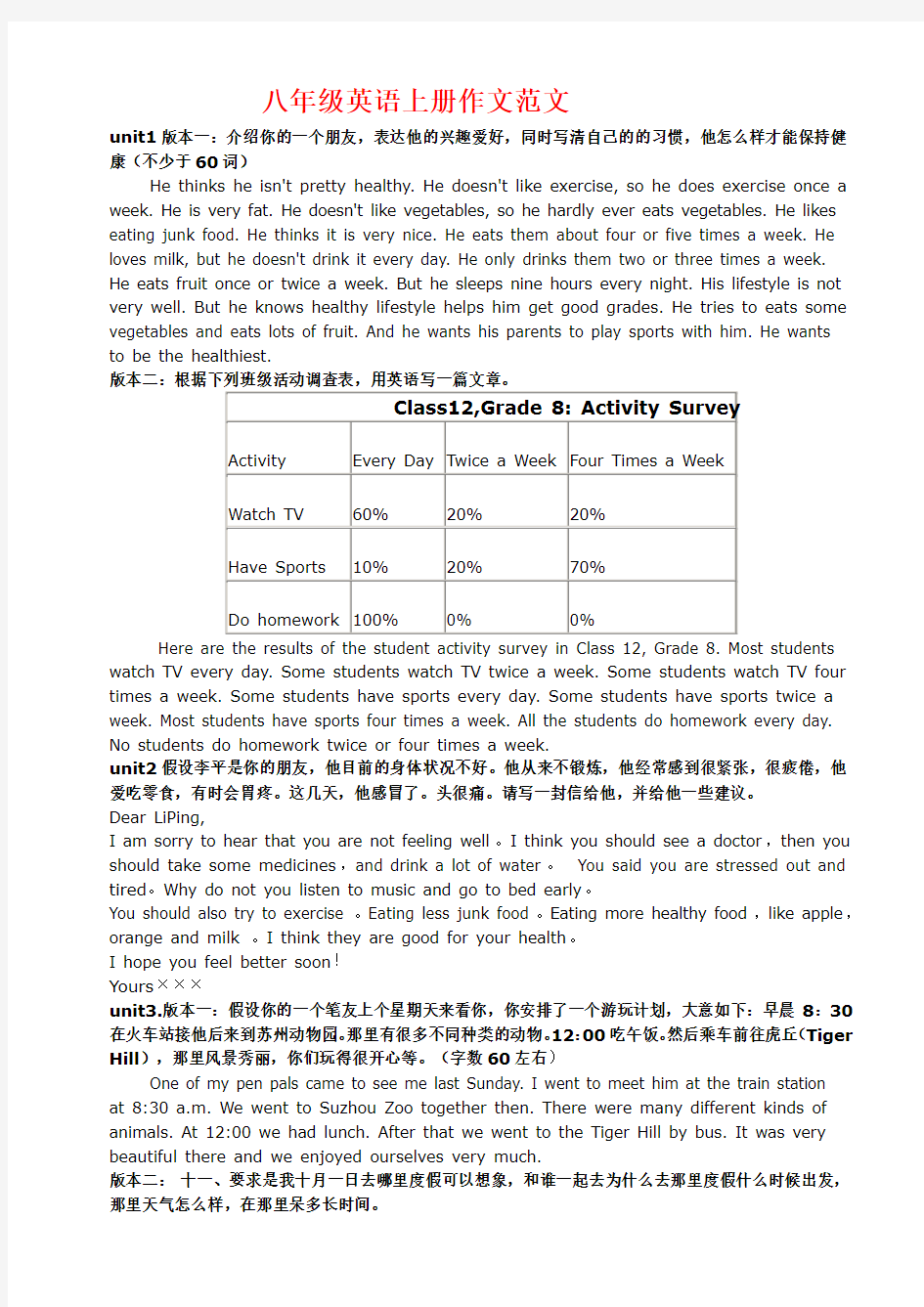 人教版八年级英语作文(上下册)范文