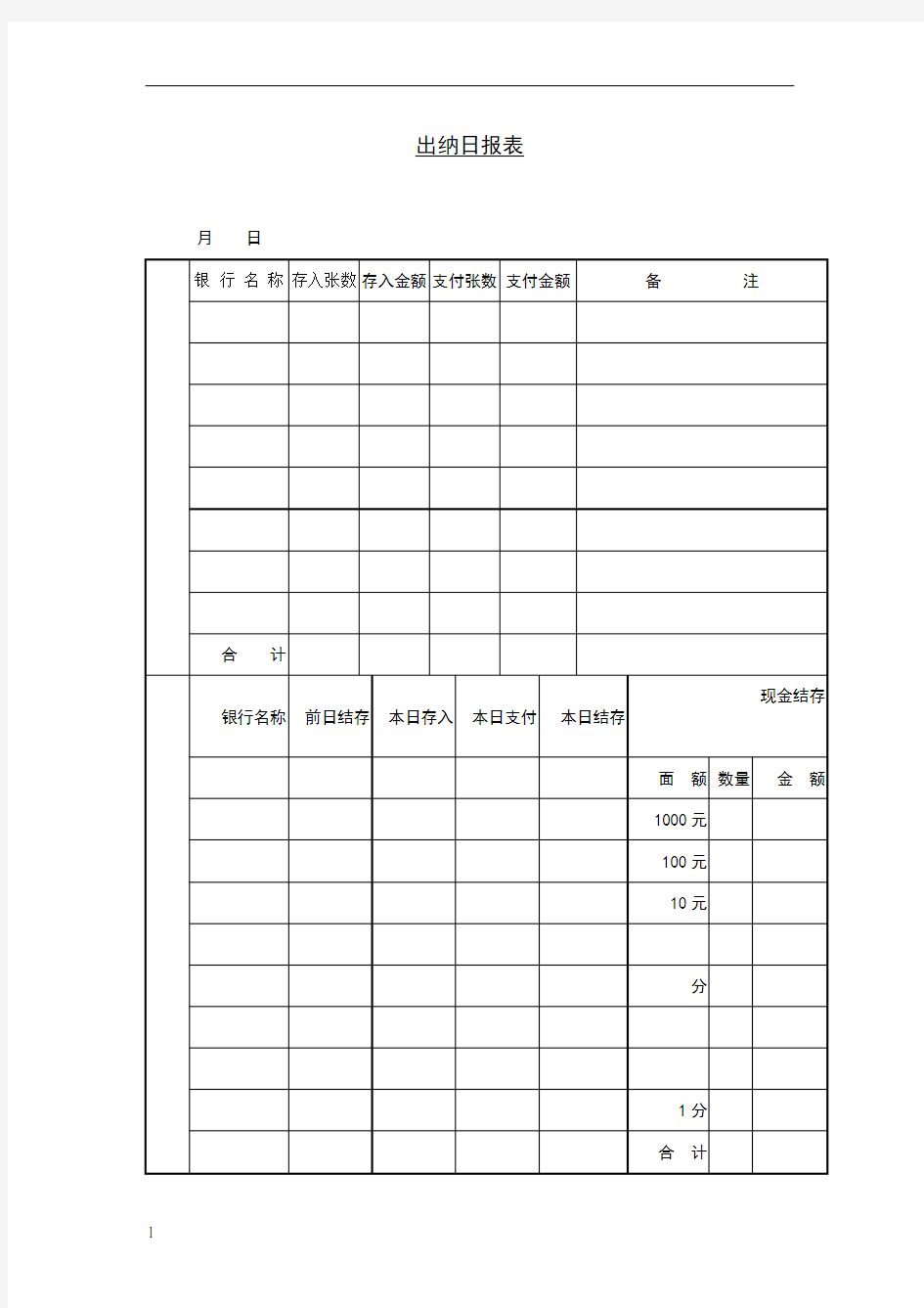 出纳日报表范本