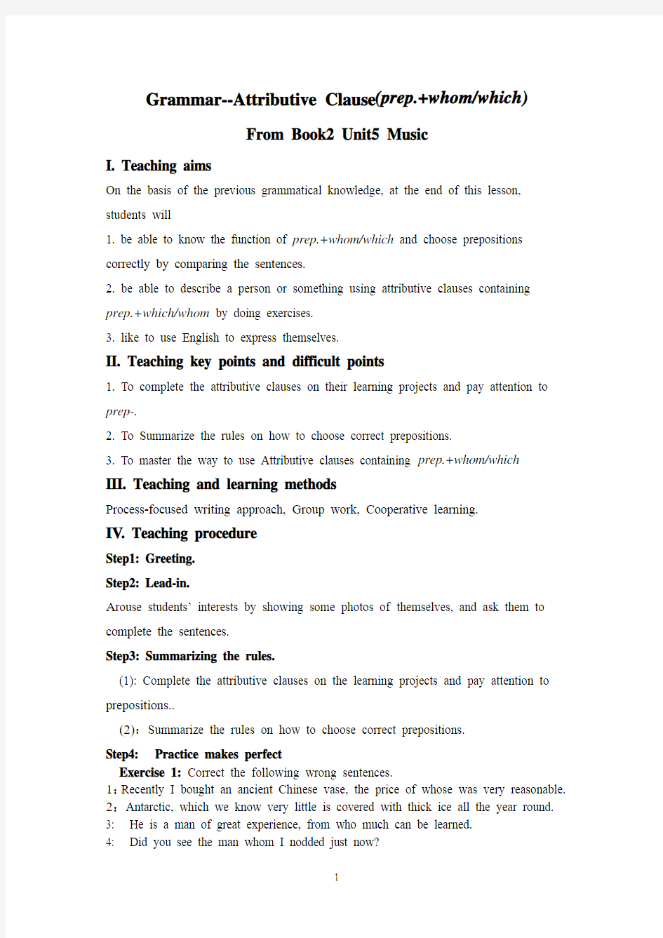 人教版英语必修二Unit 5 The Attributive Clause(prep.   which  whom)教案