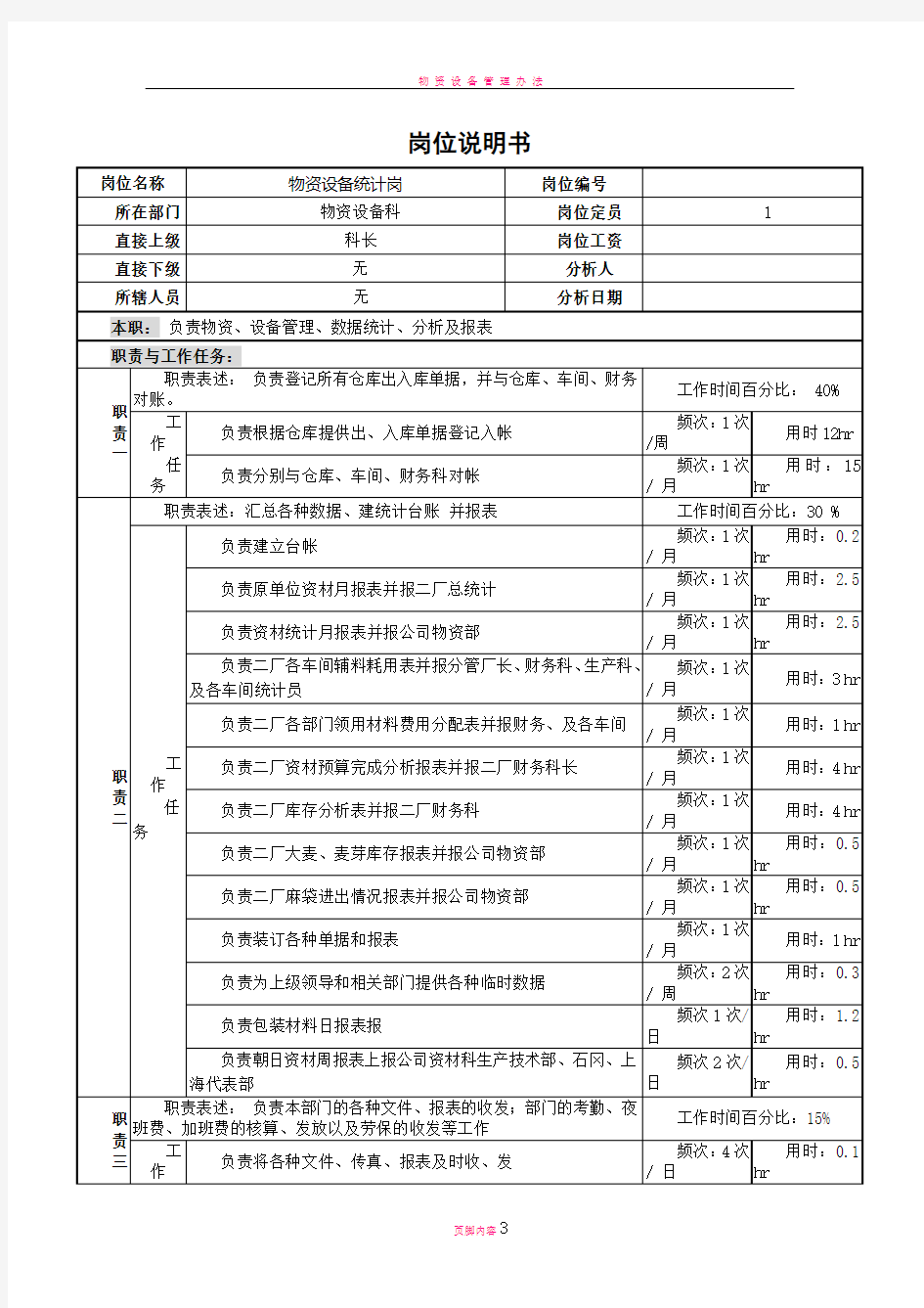 物资设备统计岗位说明书