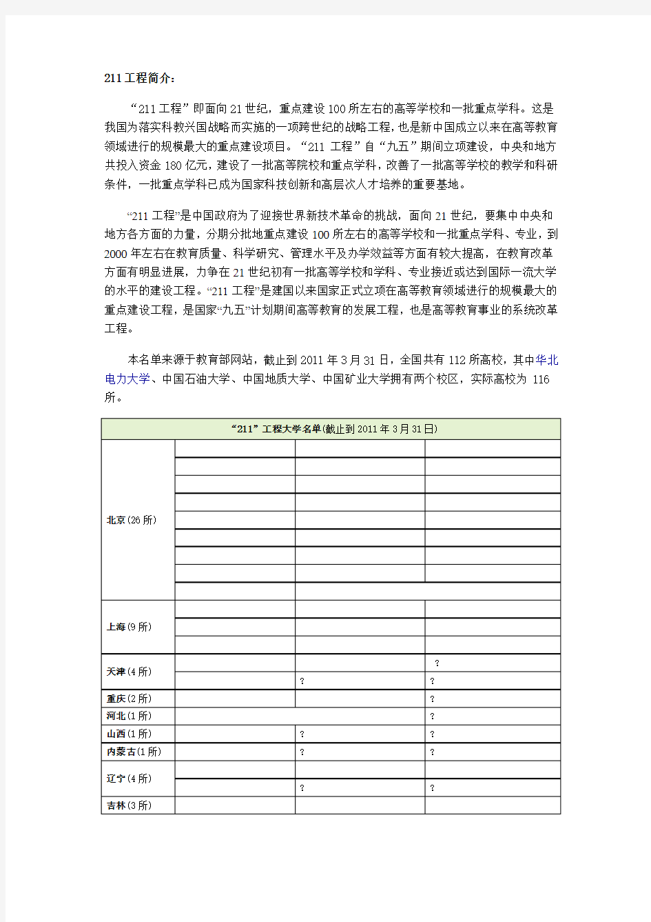 中国211和985大学名单大全