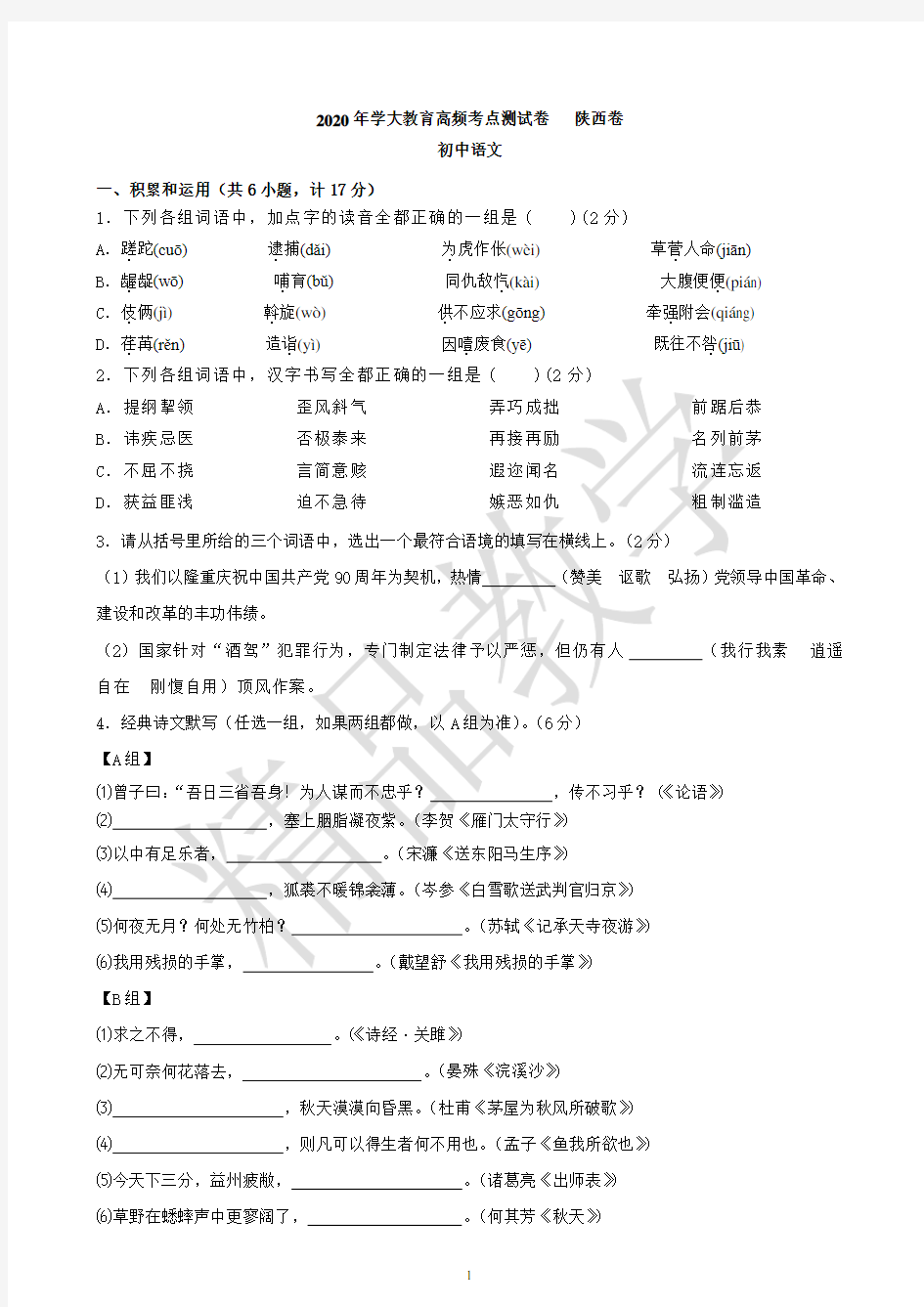 2020年学大教育高频考点测试卷陕西卷初中语文