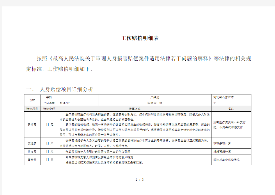 工伤赔偿明细表