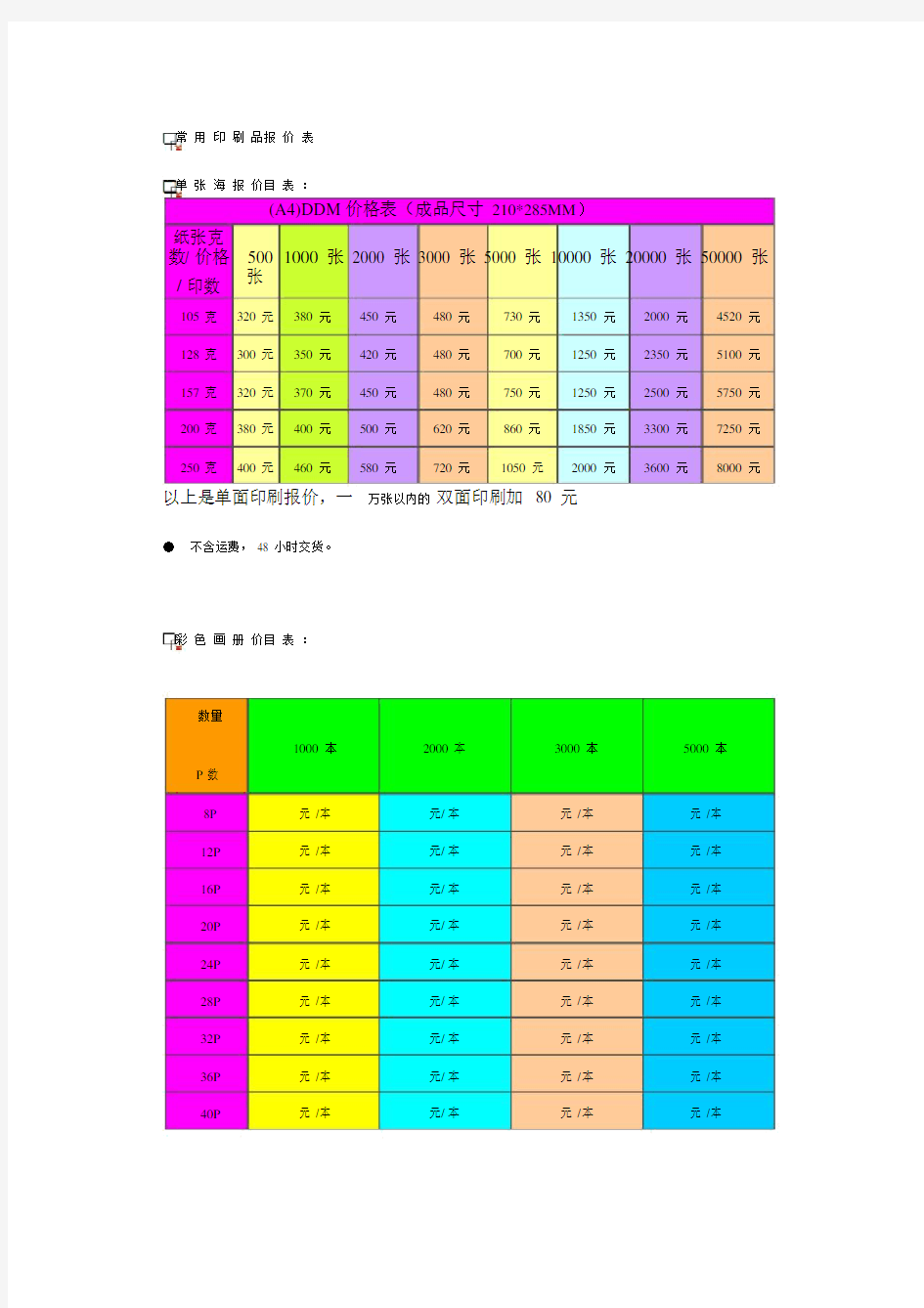 常用印刷品报价标准表格.doc