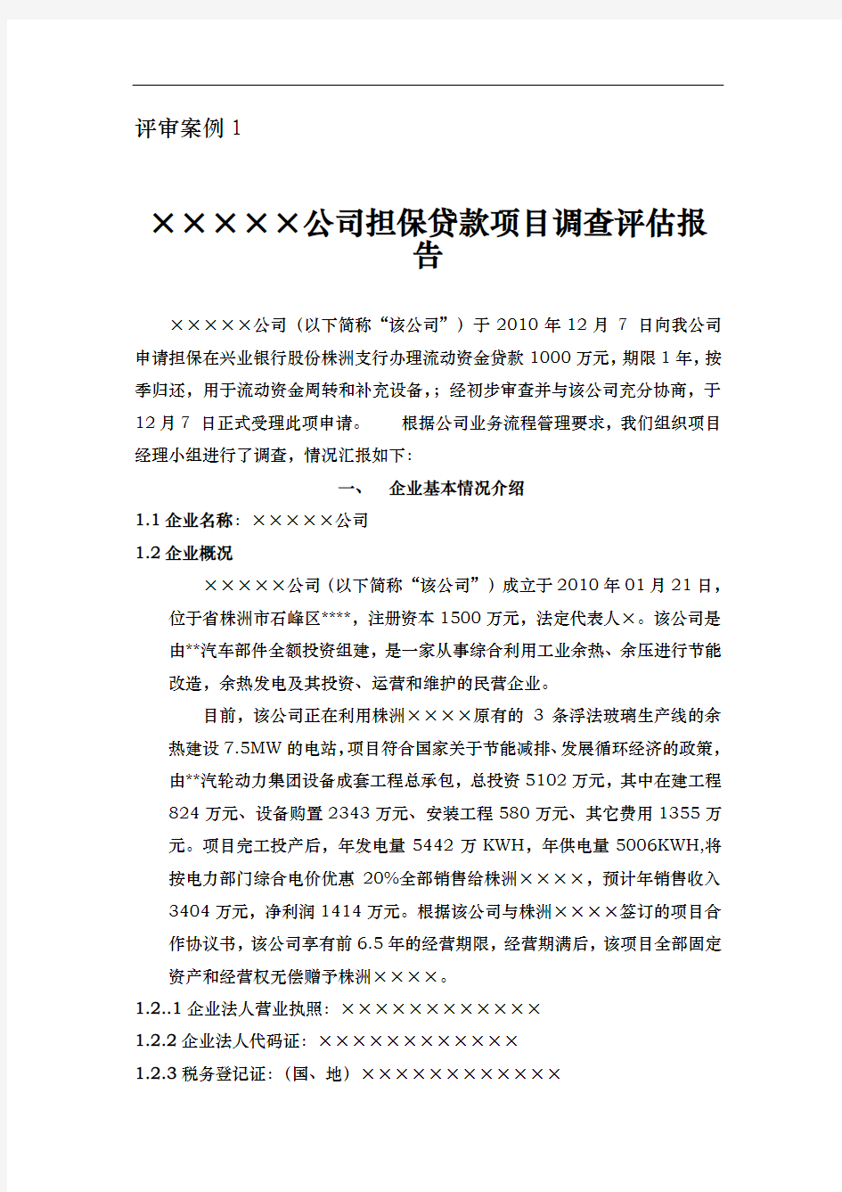 某公司担保贷款项目调查评估方案报告