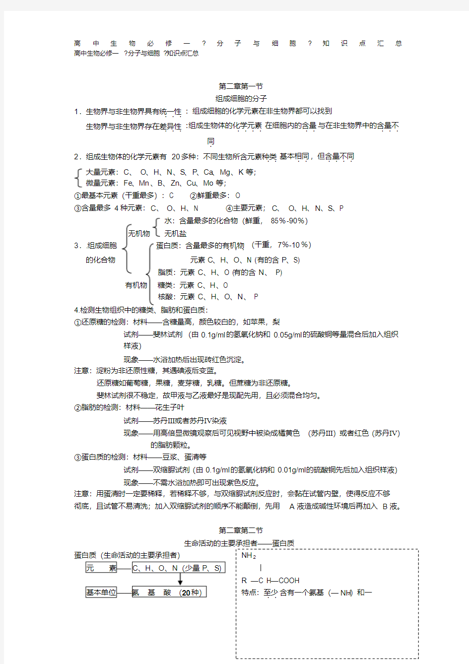 高中生物必修一第二章知识点总结