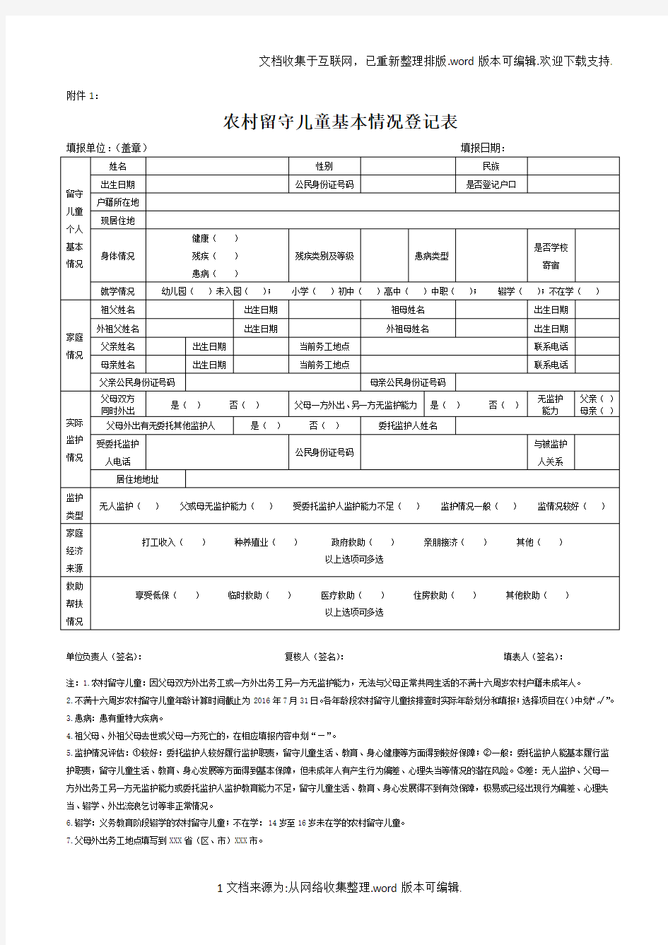 农村留守儿童基本情况登记表