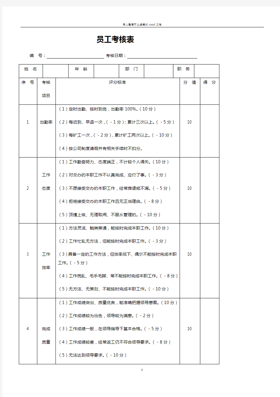 员工考核表模板