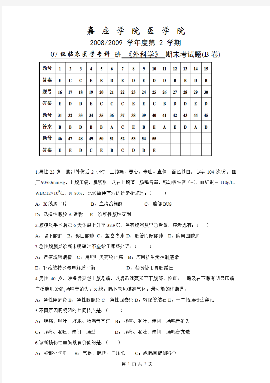 07级临床医学专科 班 《外科学》 期末考试题(B卷)-参考答案