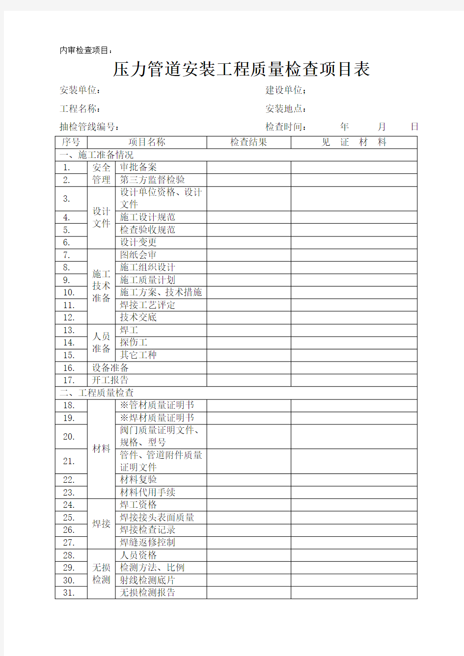 压力管道安装质量检查项目表