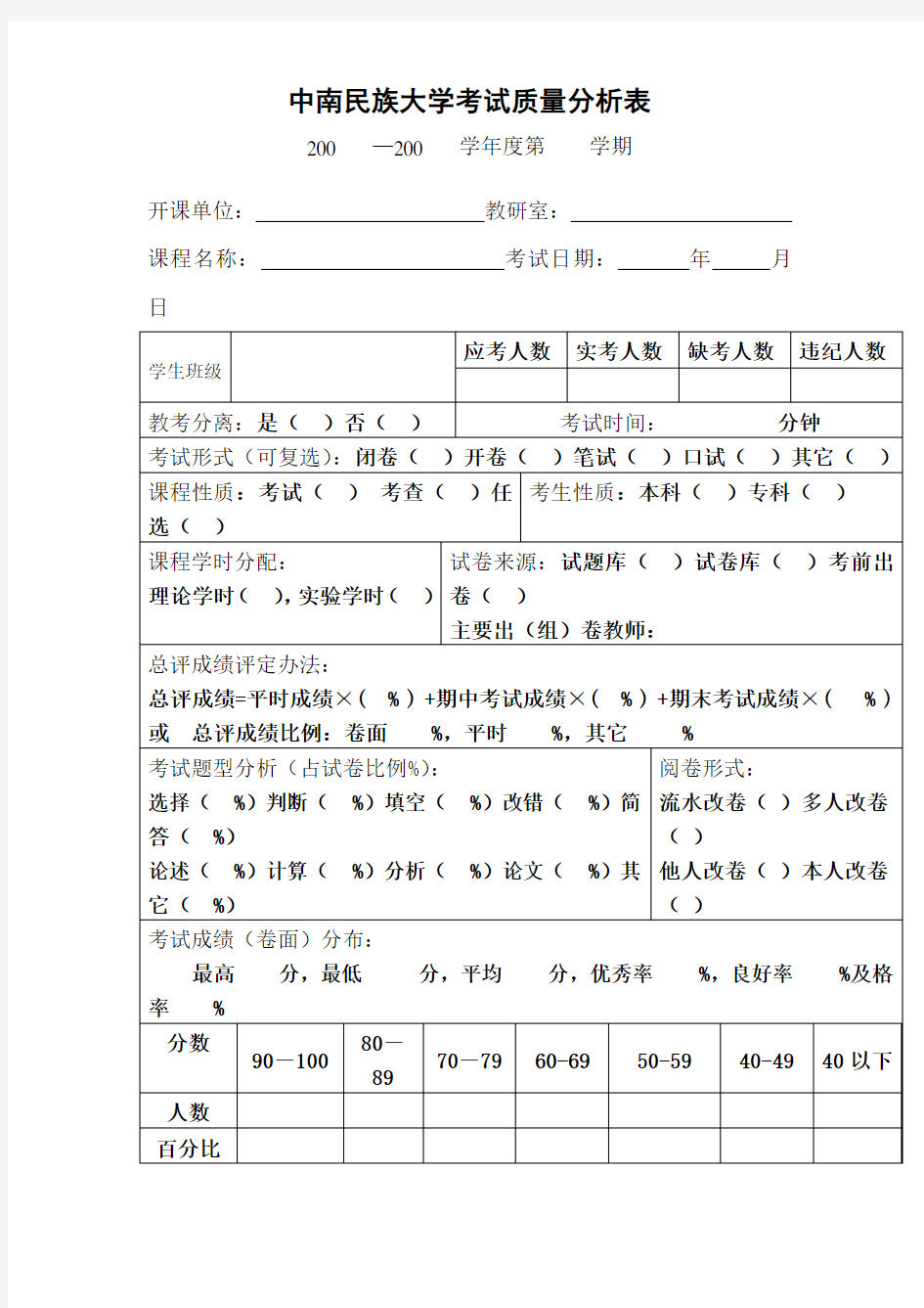 中南民族大学考试质量分析表