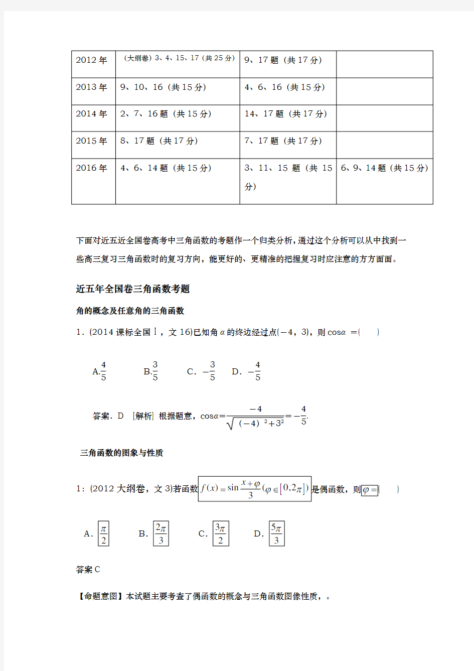 高考三角函数试题分析报告