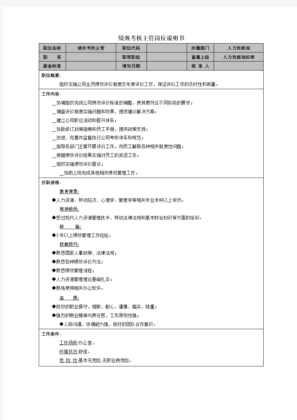 绩效考核主管岗位职责