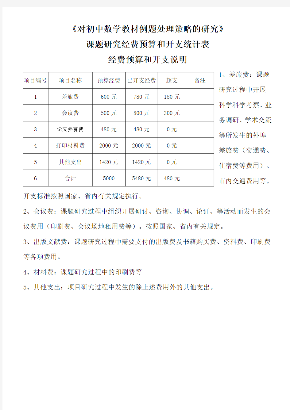 课题研究经费预算和开支统计表