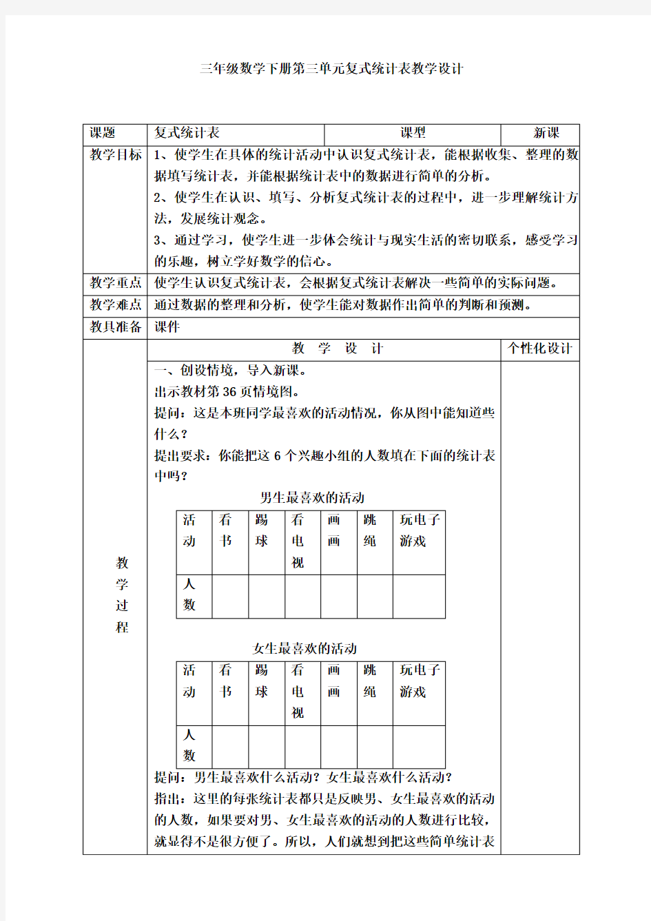 三年级数学下册第三单元复式统计表教案及反思