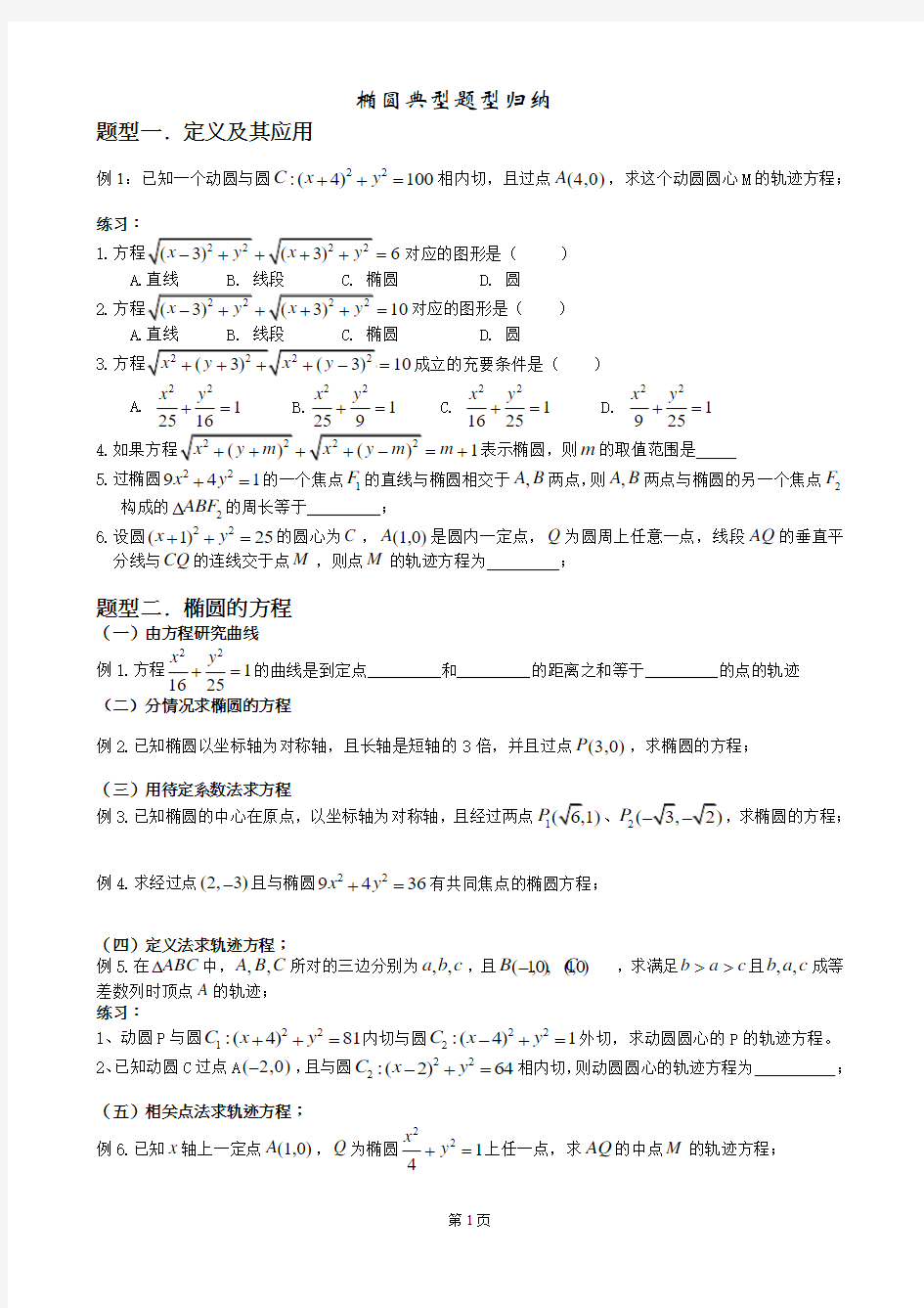 椭圆典型题型归纳总结