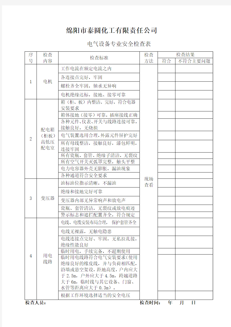 电气设备专业安全检查表