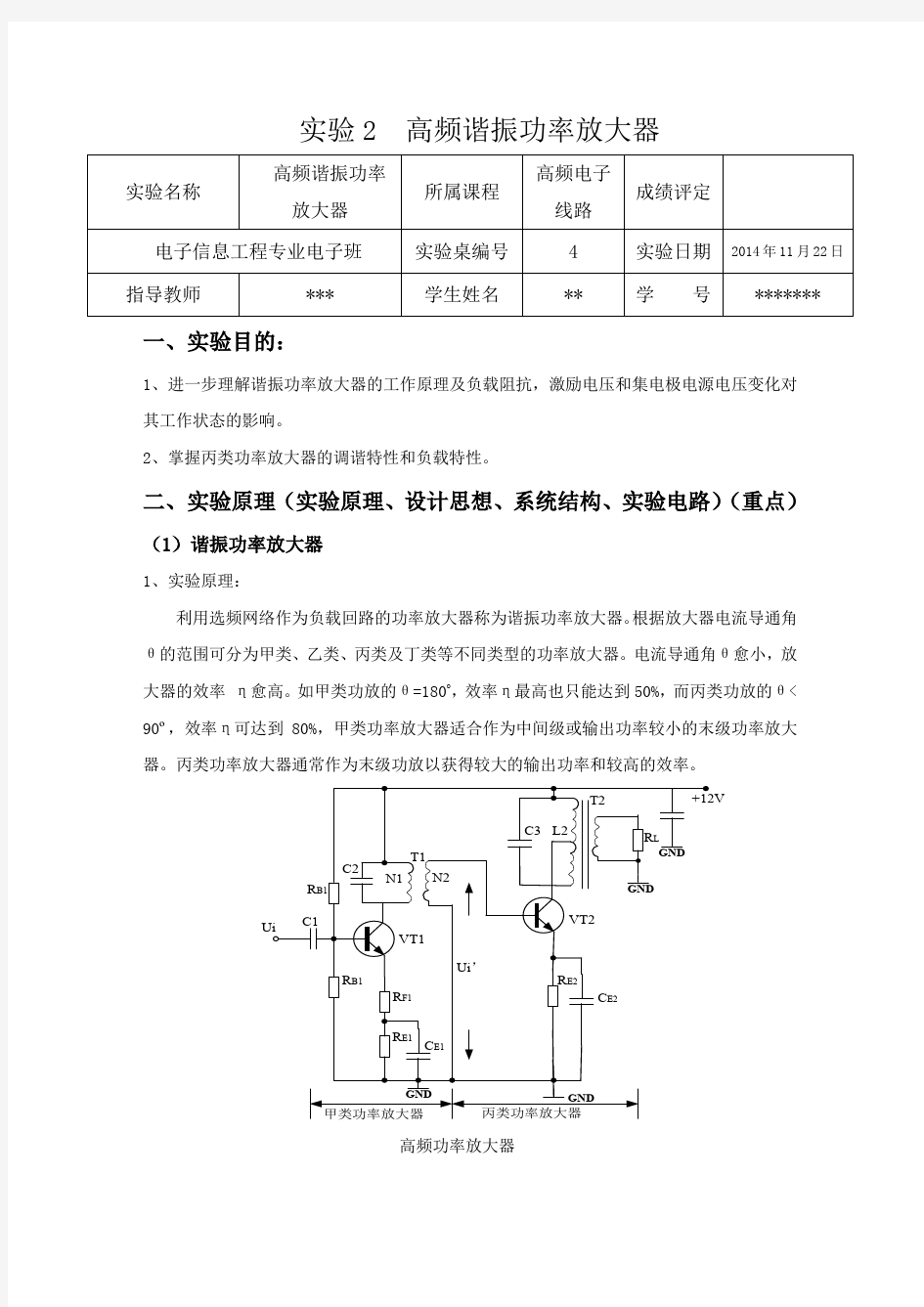 高频实验报告_高频谐振功率放大器