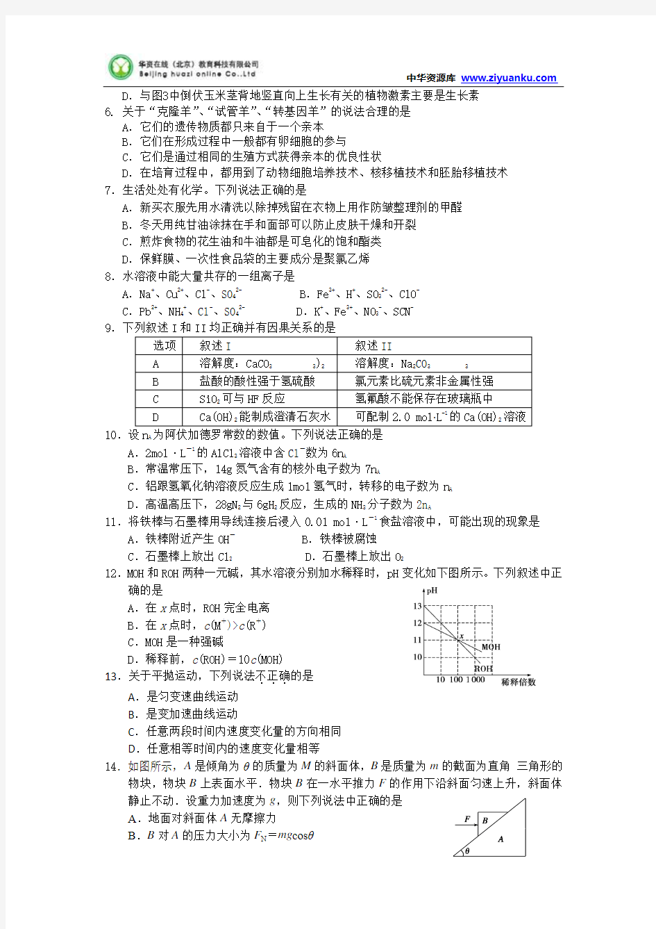 广东省中山一中等七校2015届高三第二次(12月)联考理科综合试题