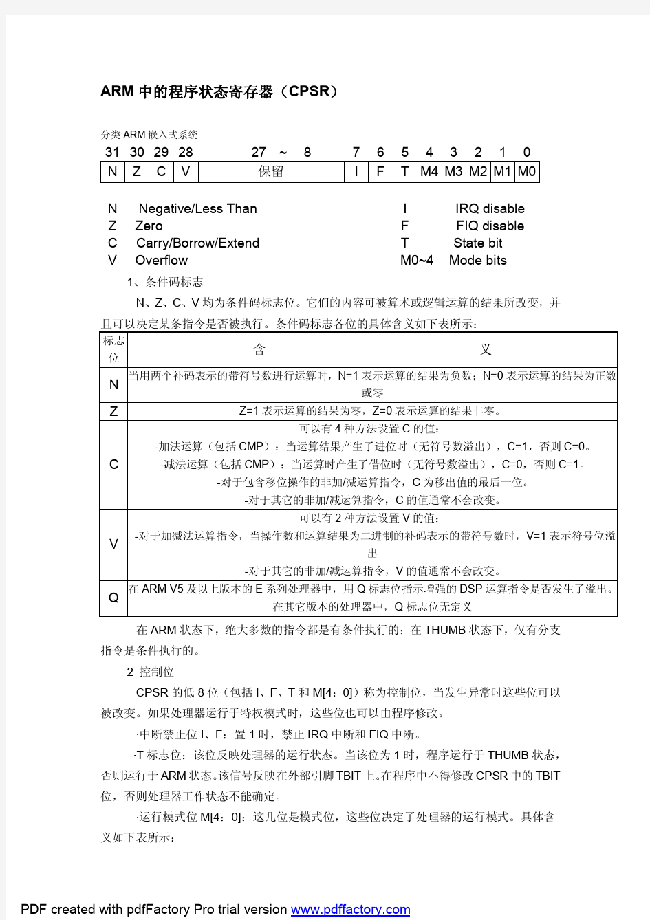 ARM中的程序状态寄存器(CPSR)