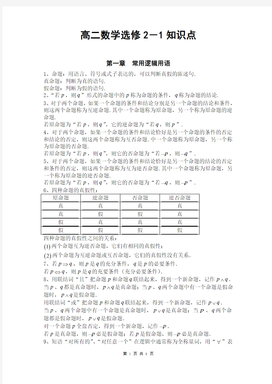 高中数学选修2-1知识点总结