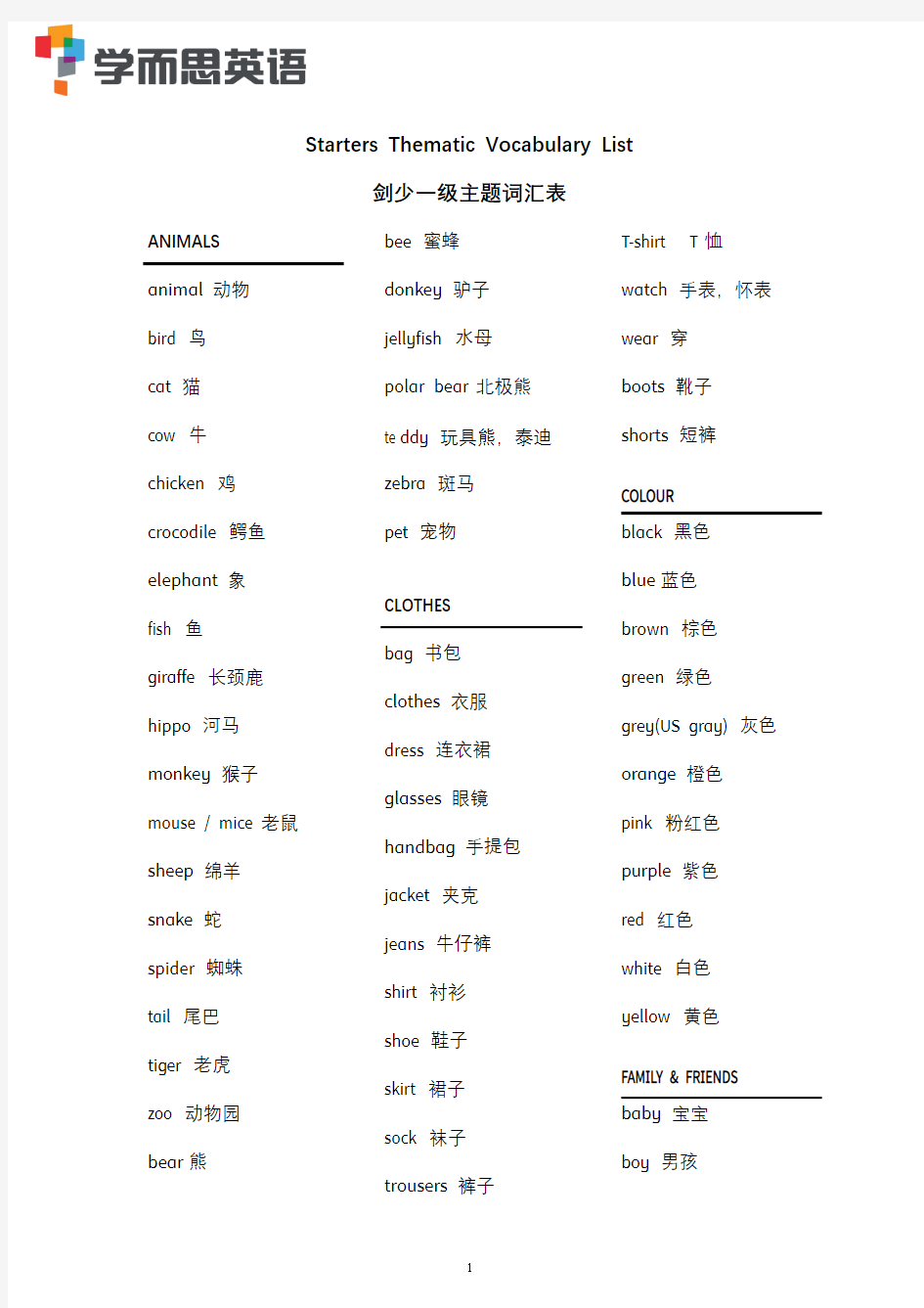 剑桥英语一级词汇表