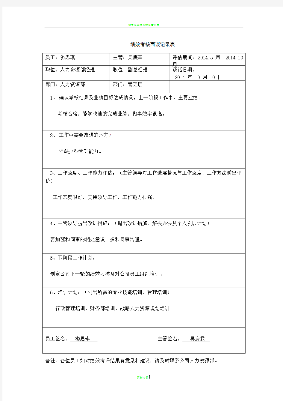 绩效考核面谈记录表