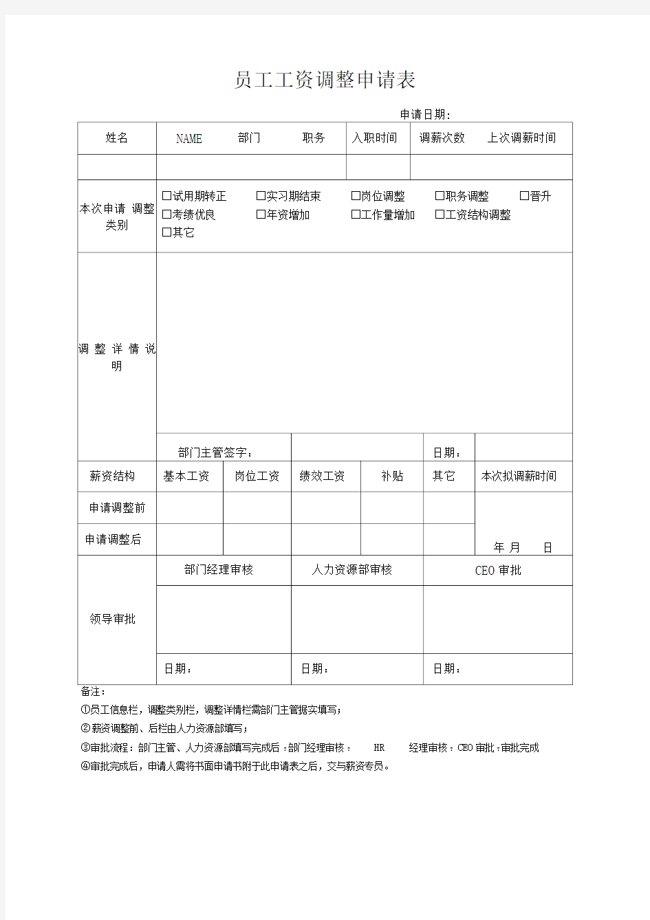 员工工资调整申请表