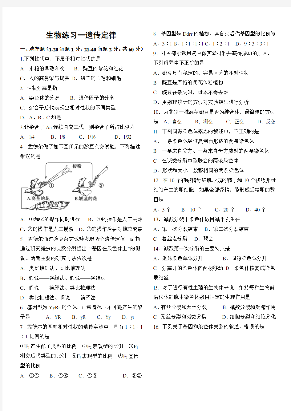 高中生物必修二遗传定律练习题