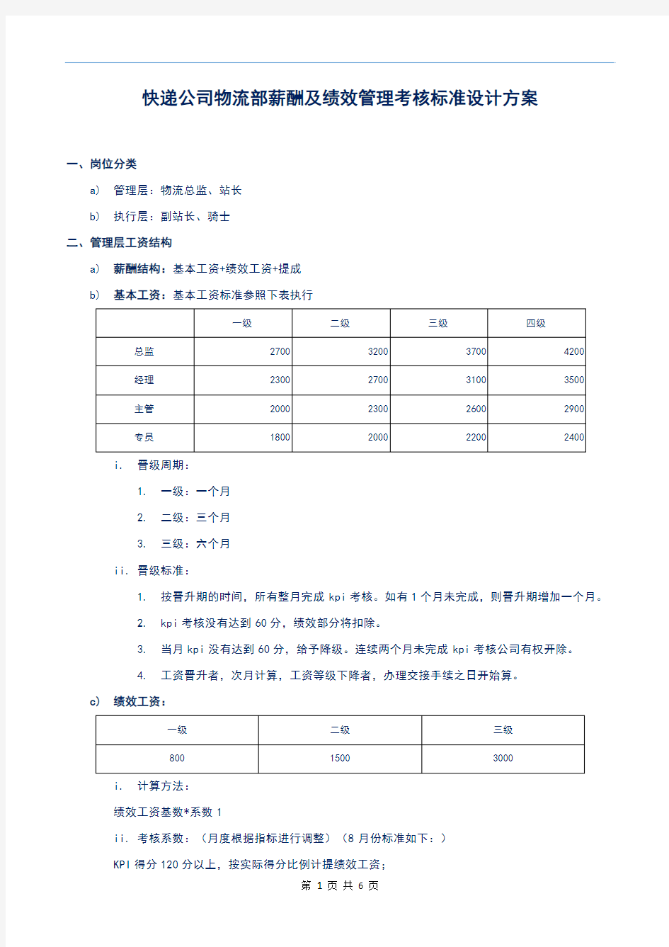 快递公司物流部薪酬绩效管理设计方案(试行版)