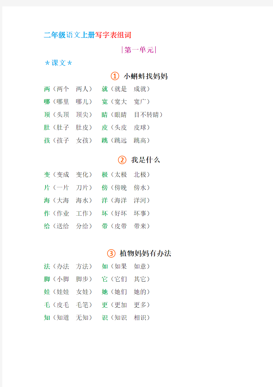 最新二年级语文上册写字表组词