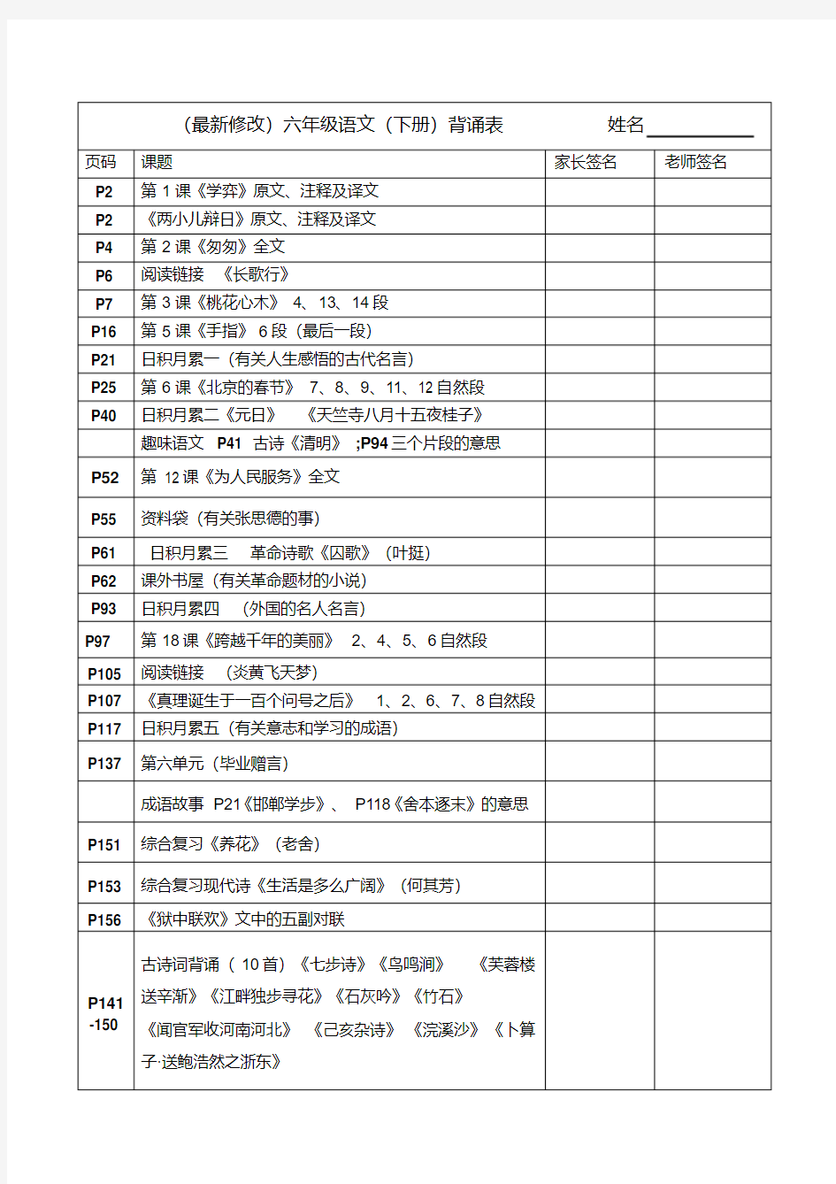 六年级语文下背诵表(最新修订)