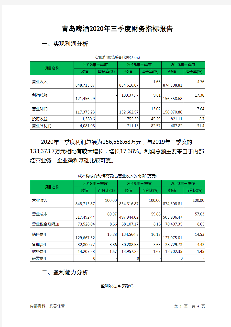 青岛啤酒2020年三季度财务指标报告