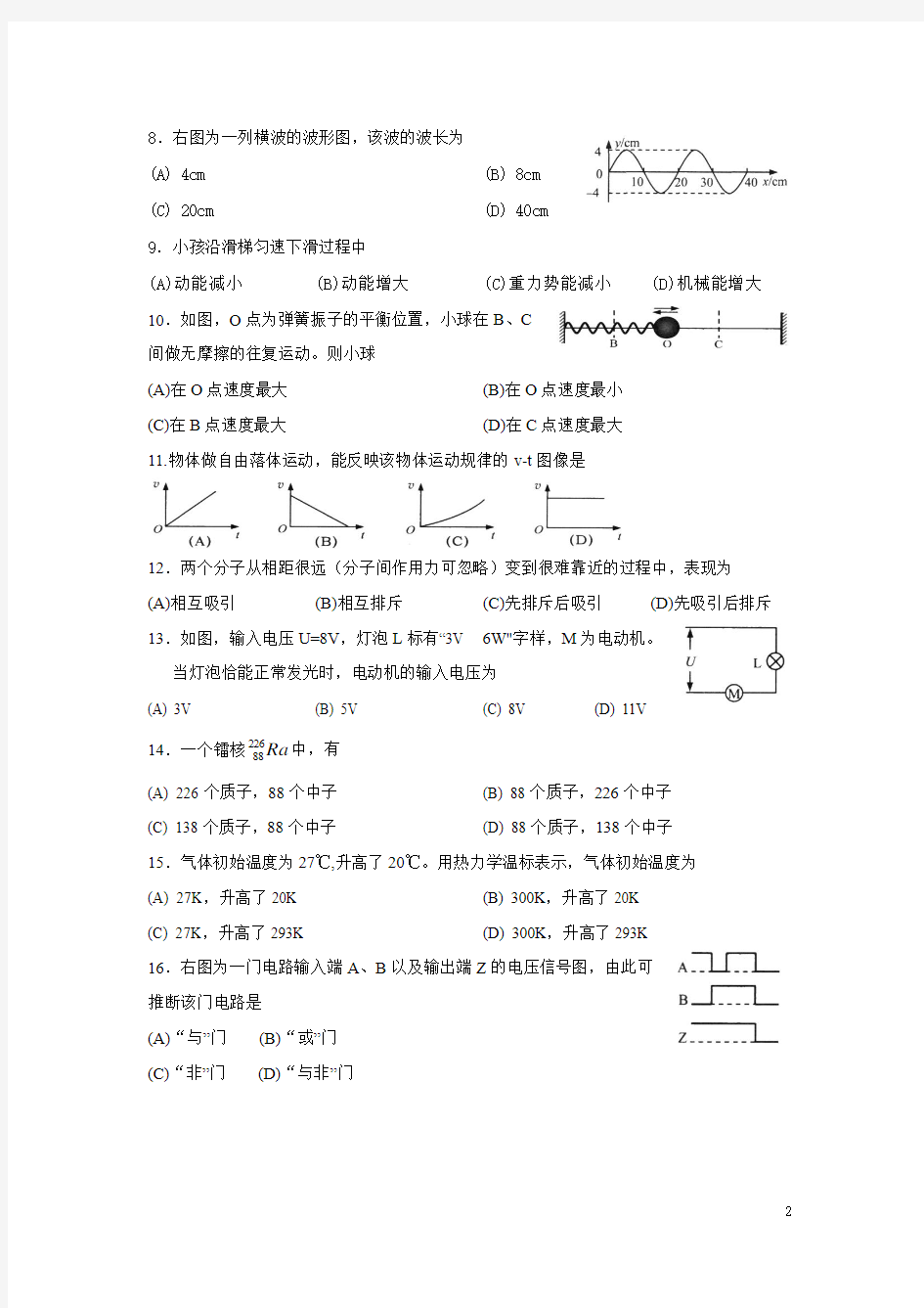 2016年上海市普通高中学业水平合格性考试物理试题及答案