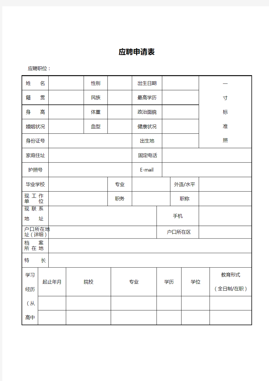 (完整版)应聘职位申请表(最新)