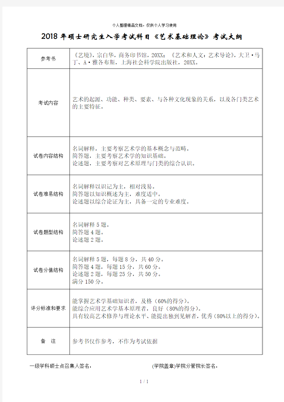 2018年硕士研究生入学考试科目《艺术基础理论》考试大纲