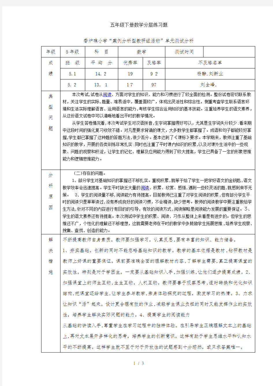 五年级下册数学分层练习题