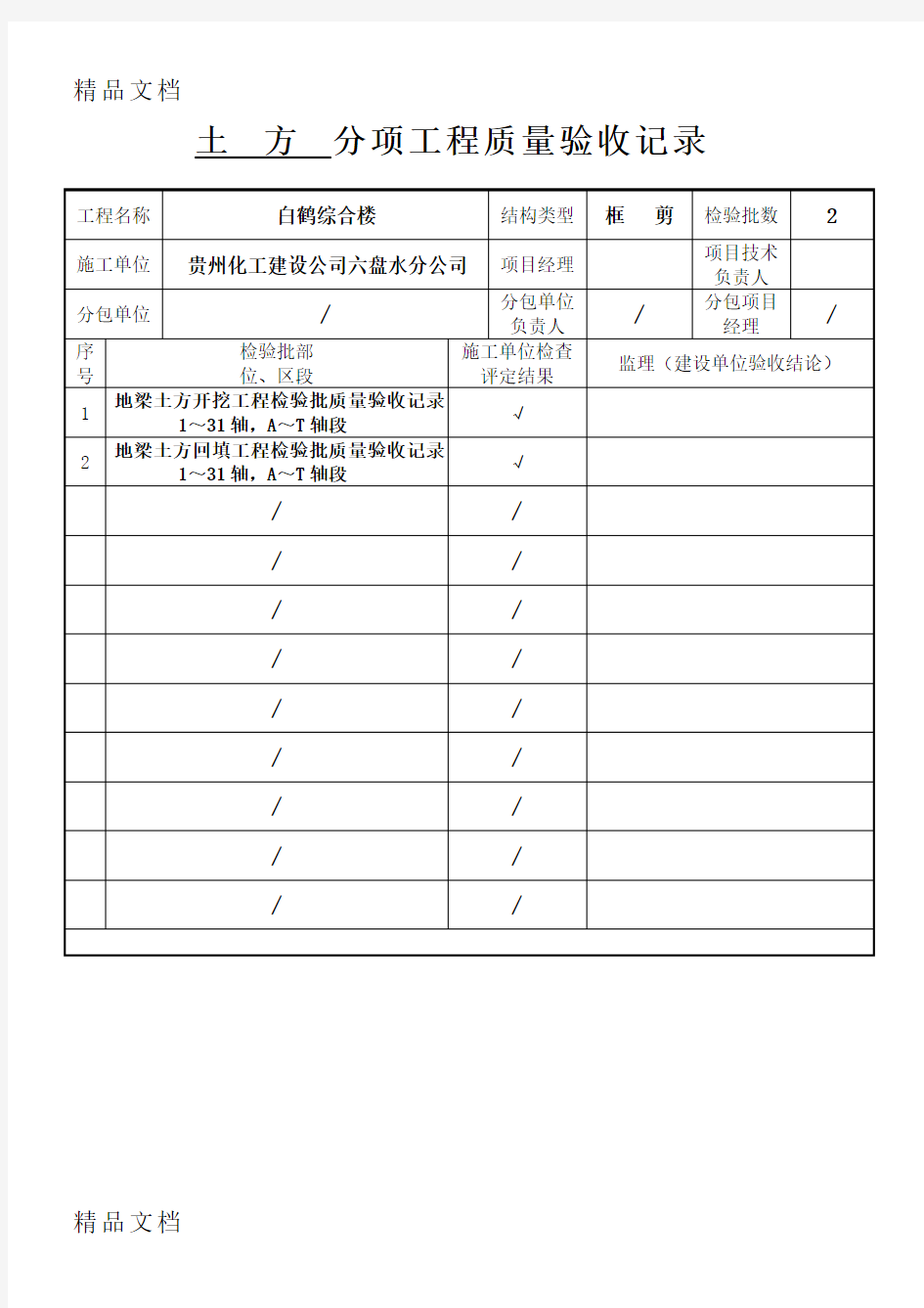 最新分部分项工程质量验收记录