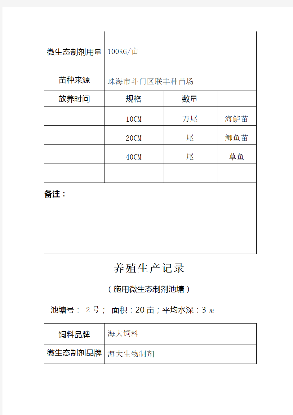 水产养殖生产记录表