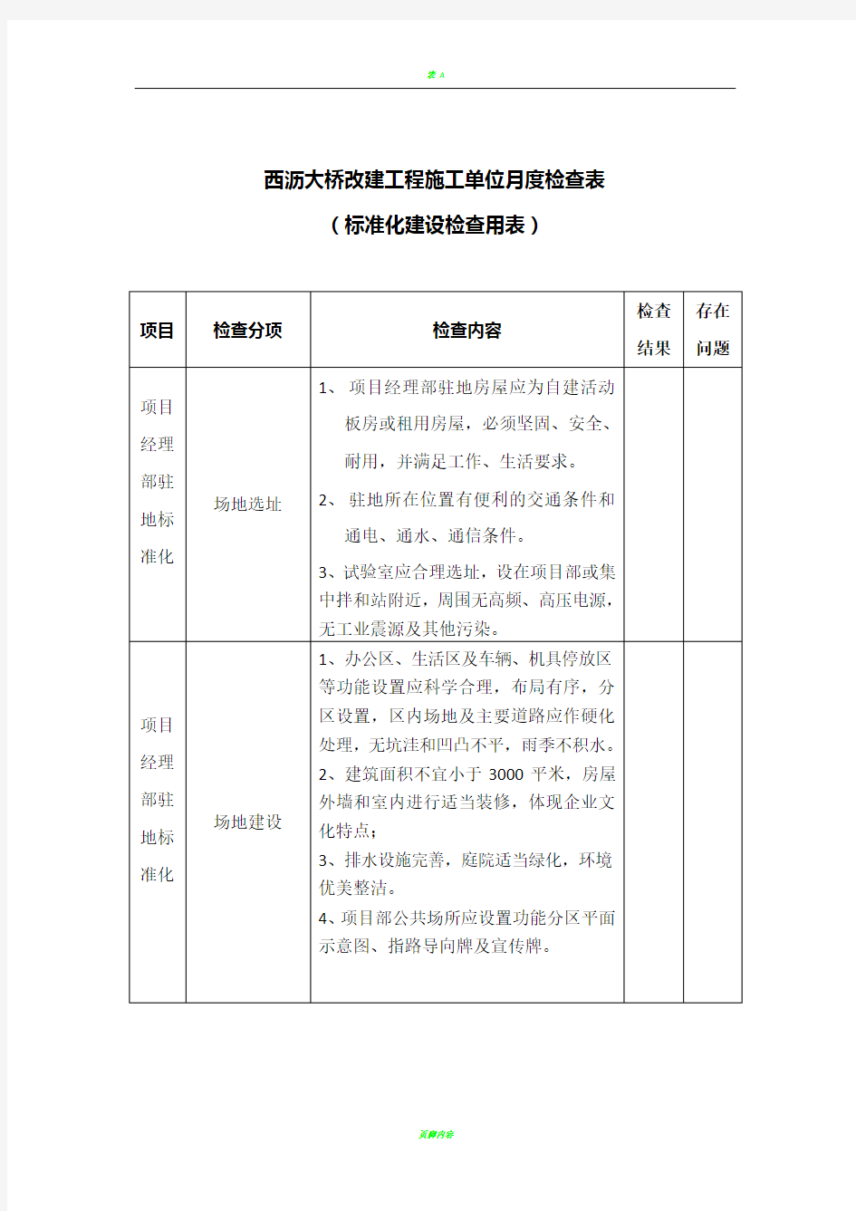 施工单位月度检查表(标准化建设检查用表)