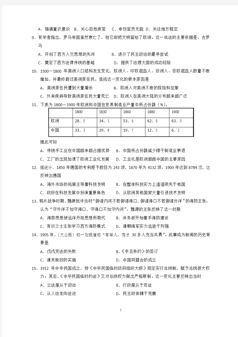 2015年海南高考历史卷及参考答案(精校版)