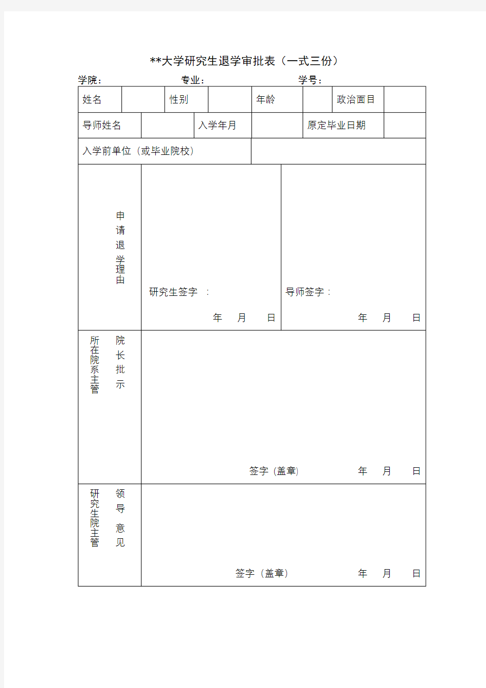 XX大学研究生退学审批表(一式三份)【模板】