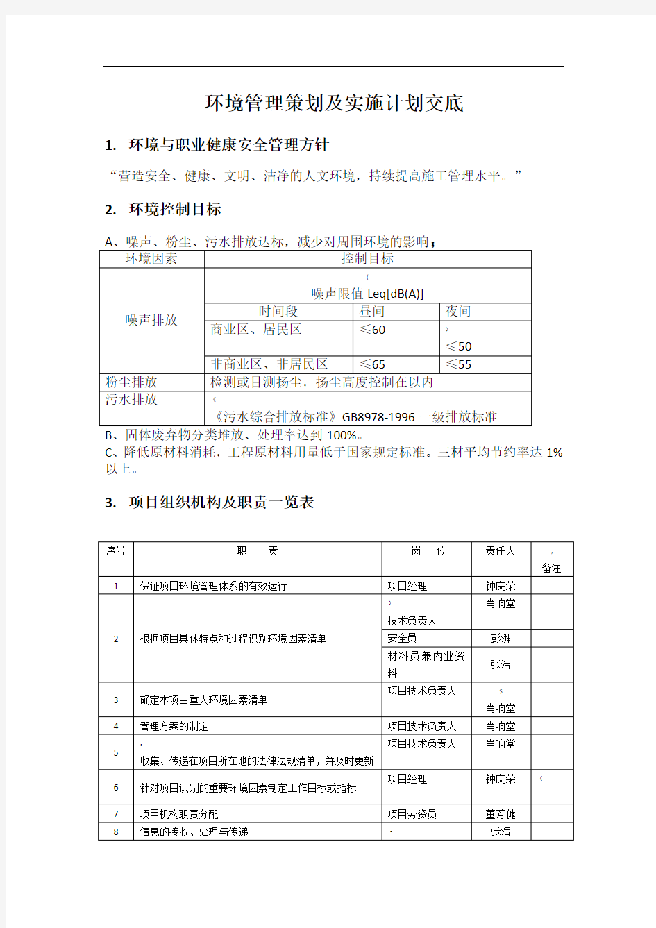 环境管理策划及实施计划书