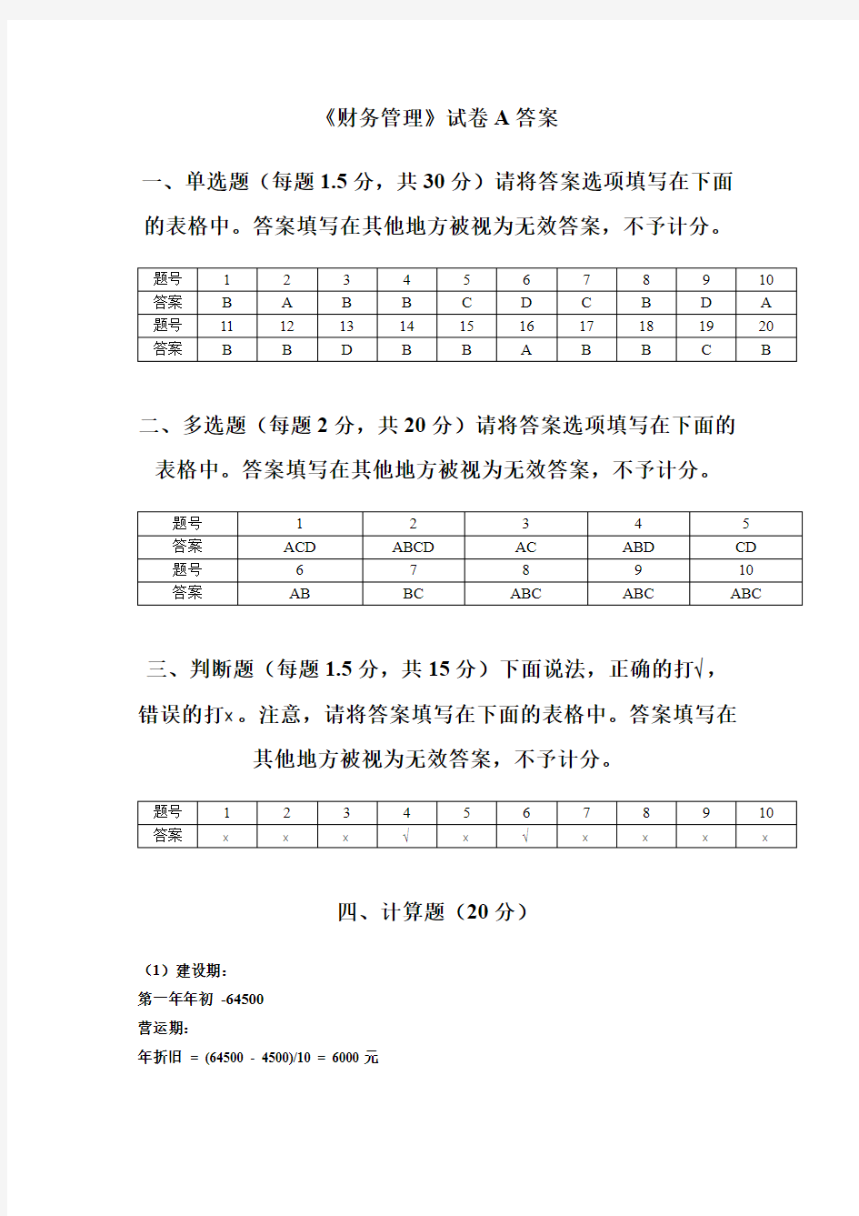 财务管理试卷A答案